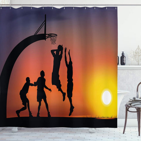 Ambesonne Teen Room Shower Curtain, Boys Playing Basketball at Sunset Horizon Sky Dramatic Scenery, Cloth Fabric Bathroom Decor Set with Hooks, 69...