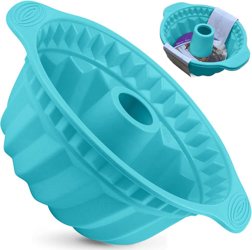 2 PCS 9.5 Inch Silicone Cake Pans, Non-stick Fluted Cake Pan with Sturdy Handle, Cake Baking Molds, Perfect Bakeware for Cake, Jello, Gelatin, Bre...