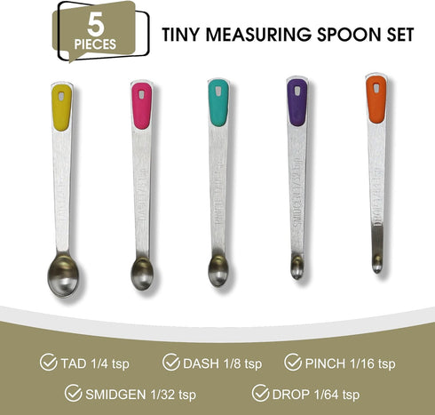 Measuring Spoons Set of 5, Tiny Stainless Steel Measuring Spoons with Silicone Handle, Small Measuring Spoon 1/64, 1/32, 1/16, 1/8, 1/4 tsp, Teasp...