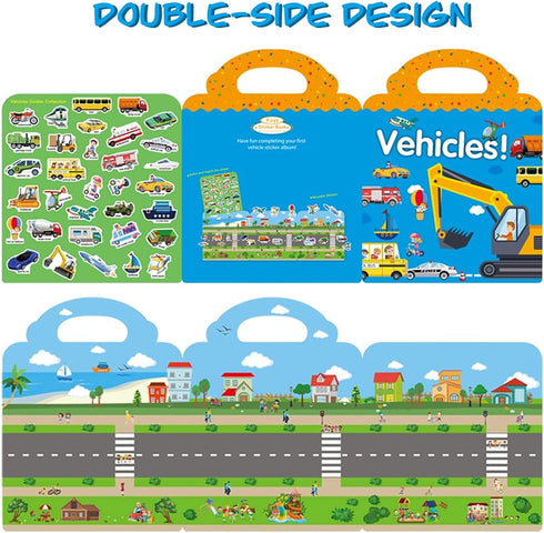 Reusable Sticker Books for Kids, Travel Removable Toddler Vehicle Sticker Books for 3 4 5 Year Old Girls Boys Birthday Gifts Educational Learning ...