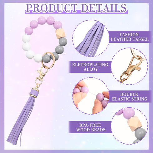 Misdary 8 Pcs Key Ring Bracelet with PU Leather Tassel Wood Bead Key Ring Cute Keychain Wristlet Elastic Beaded Bangle Chains Portable Car Keyring...