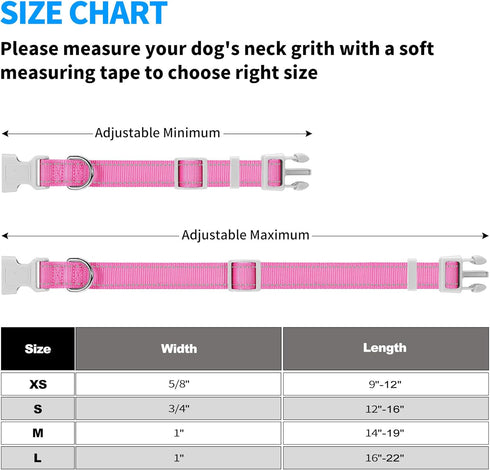 Reflective Dog Collar, Soft Neoprene Padded Breathable Nylon Pet Collar Adjustable for Small Dogs, Pink, Small...