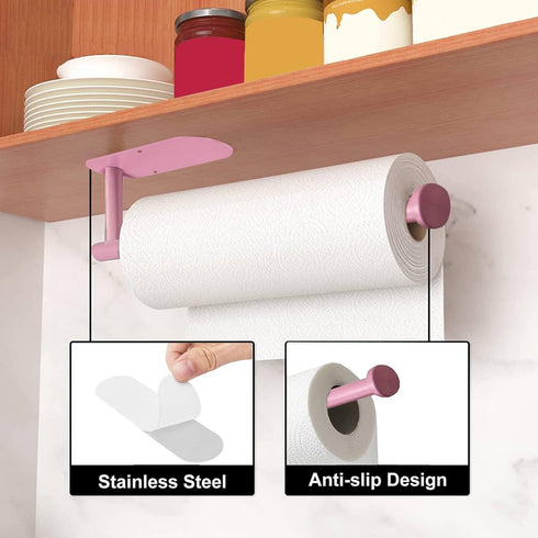 Pink Paper Towel Holder Kitchen Roll Holder, Paper Towel Holder - Self Adhesive or Drilling, Under Cabinet Pink Paper Towel Rack, Wall Mounted Pap...