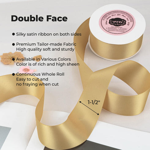 VATIN Double Face New Gold Satin Ribbon 1-1/2" Continuous 25 Yards,Gold Polyester Fabric Ribbon use for Bows Bouquet, Gift Wrapping, Floral Arrang...