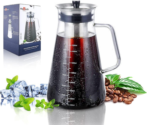 Aquach Airtight Cold Brew Coffee (Iced Tea) Maker 51oz/1.5L, BPA-Free, Durable Borosilicate Glass Pitcher and Stainless Steel Fine-Mesh Filter, Di...