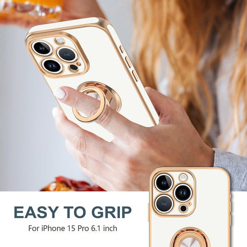 Hython Case for iPhone 15 Pro Case with Ring Stand, 360° Rotatable Ring Holder Magnetic Kickstand, Plating Rose Gold Edge Soft Cover Luxury Protec...
