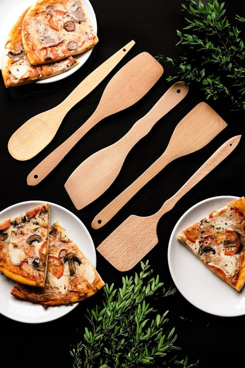 Nonstick Wooden Spoons For Cooking – 5 European Premium Spoons Set - 100% Healthy and Natural Wooden Spatula – Long Handled, Strong, Durable, Soli...
