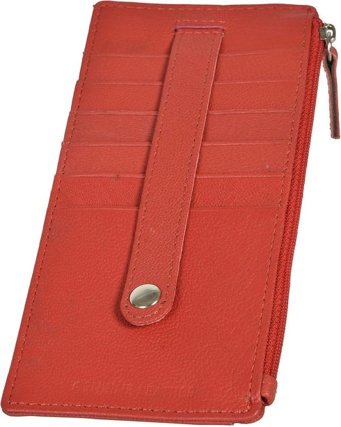Leatherboss Genuine Leather Women's All in One Credit Business Card Case Holder Slim Zipper Wallet With a Card Protection Strap, Red...