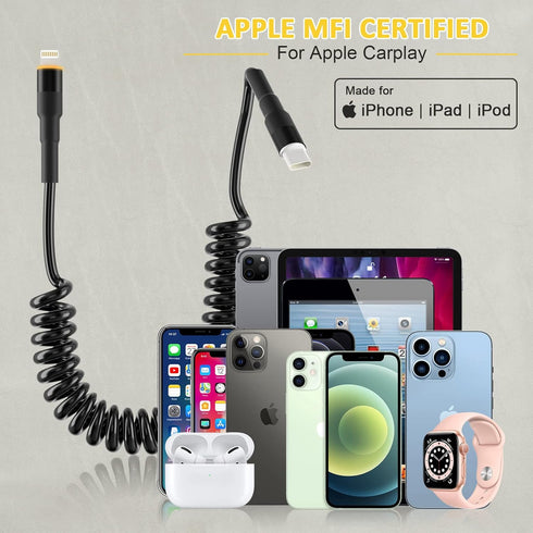 Coiled USB-C to Lightning Cable, Apple Carplay Cord Compatible & MFi Certified, USB C to Lightning Cable with Data Transmission and LED, Retractab...