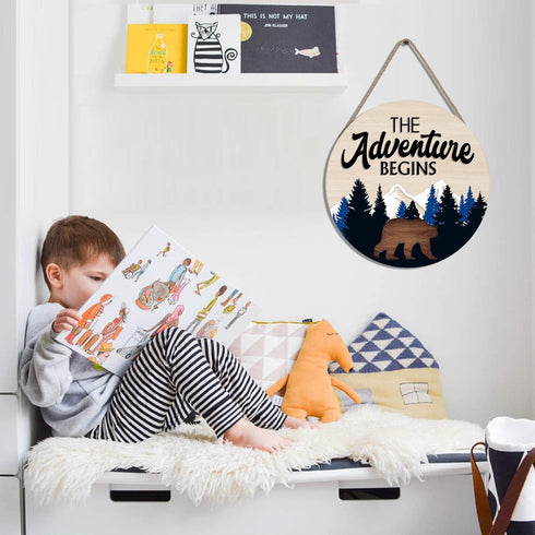 LHIUEM The Adventure Begins Wooden Hanging Sign,Woodland Wall Decor,Bear Mountain Inspirational Quotes Wooden Sign For Home Cabin Decor,Forest Cam...