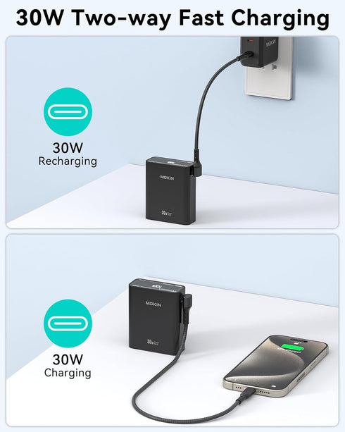 MOKiN Fast Charging 30W Portable Power Bank, 10,000mAh Battery Pack Charger, USB C PD3.0 QC4.0 with Digital Display, USB C Cable, 1 USB C, 1 USB A...