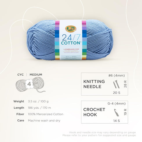 Lion Brand Yarn Lightweight 24/7 Cotton Yarn for Knitting, Crocheting, and Crafts, Sky, 1 Pack...