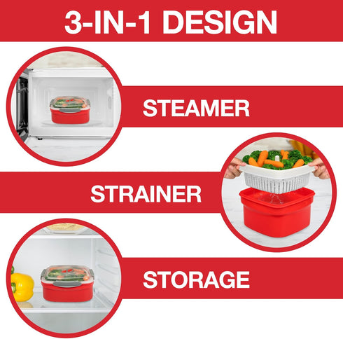 Microwave Cookware Steamer- 3 Piece Microwave Cooker w Food Container, Removable Strainer and Locking Steam Vent Lid- BPA Free, Fridge and Freezer...