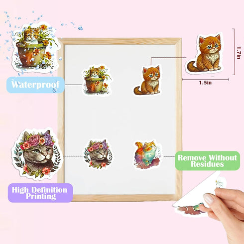 Cute Cat Stickers Bulk 100Pcs - Waterproof Vinyl for Water Bottles, Laptop, Phone Case, Guitar, Luggage - Kawaii, Watercolor Design for Kids, Girl...