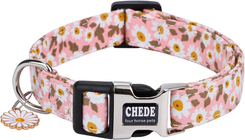 Cotton Dog Collar for Small Medium Large Dogs,Girl Dog Collar with Quick-Release Buckle,Flowers Soft Adjustable Pet Collar (Large, Pink Daisy)...