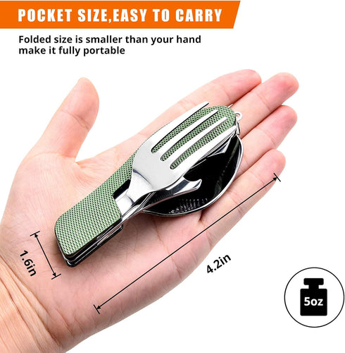 HIKENTURE Camping Utensils 2 Pack, 4-In-1 Stainless Steel Spoon Fork Knife Set Backpacking Travel Cutlery Metal Multitool Boy Scout(Green 2pack)...