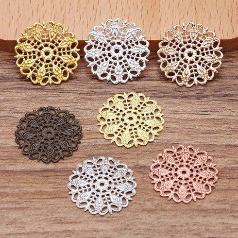 Teensery 35 Pcs Filigree Connectors Charms Pendants Round Metal Flower Filigree Pieces Retro Hollow Filigree Wraps for DIY Hairpin Necklace Earrin...