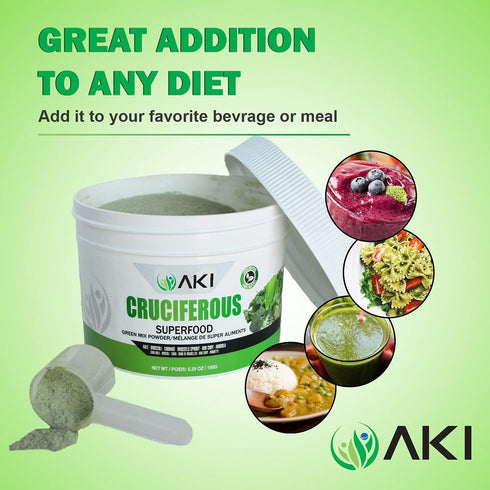 AKI Cruciferous Superfood Green Mix Powder - Made from Kale, Broccoli, Brussels Sprouts, Cabbage - Packed with Essential Phytonutrients & Vitamins...