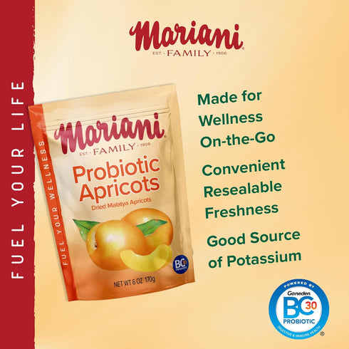 Mariani Probiotic Dried Apricots, 6oz Resealable Bag, Dried Fruit No Sugar Added, Natural Mediterranean Apricots with BC30 Probiotics, Supports Di...