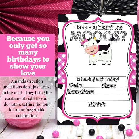 Heard the Moos Pink Cow-Themed Birthday Party Invitations for Kids, 20 5x7 Fill In Cards with Twenty White Envelopes by AmandaCreation...