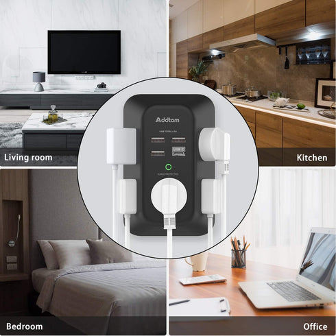 USB Wall Charger Surge Protector - Addtam 5 Outlet Extender with 4 USB Charging Ports (1 USB C), 3-Sided 1800J Power Strip Multi Plug Outlets Adap...