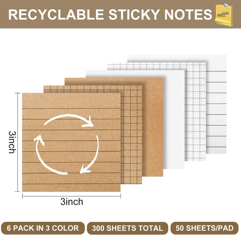 6 Pack Sticky Notes 3x3, Lined Sticky Notes Recyclable Self-Stick Grid Memo Pads, 300 Sheets Cute Sticky Note School and Office Supplies Clean Rem...