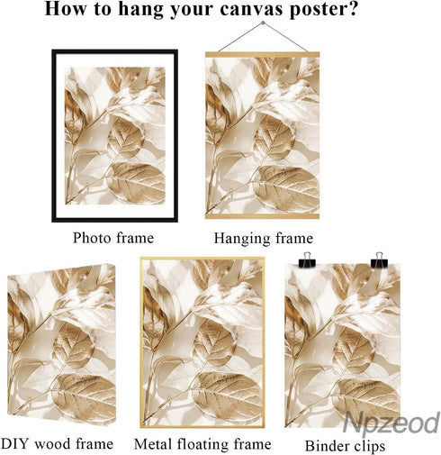 Abstract Golden White Flower Leaves Wall Art Posters Nordic Beige Canvas Painting, Modern Plant Landscape Prints Picture for Living Room Home Deco...