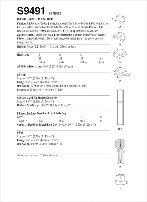 Simplicity Chemo Head Coverings Sewing Pattern Kit, Code S9491, Sizes S-M-L, Multicolor...