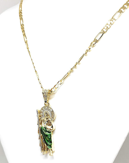 Gold Plated Green Saint Jude Pendant Necklace Figaro 24" San Judas Tadeo Medalla Cadena Oro Laminado...