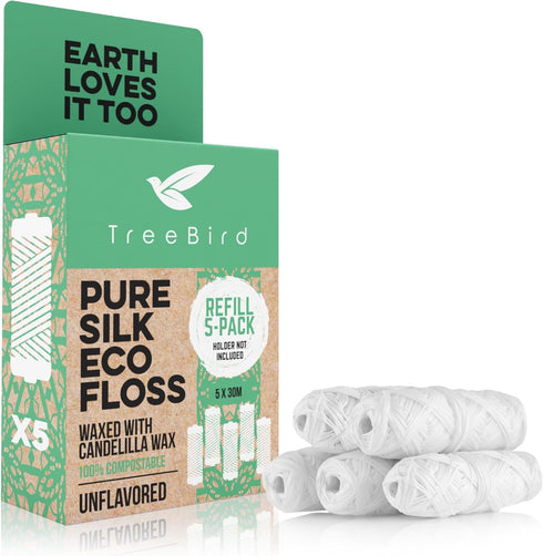 Unflavored Compostable Dental Floss Refills | Pack of 5 x 33yds Organic Peace Silk Spools | for a Refillable Glass & Stainless Steel Holder | Waxe...