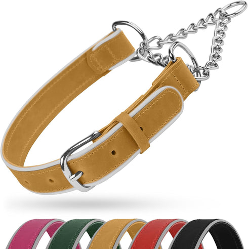 OOPSDOGGY Reflective Leather Martingale Dog Collar - Adjustable No Pull Stainless Steel Chain Training Collar for Small Medium Large Dogs Puppy (C...