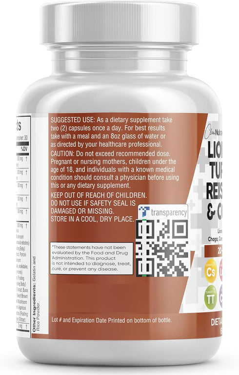 Clean Nutraceuticals Lions Mane 3000mg 20in1 Mushroom Supplement with Turkey Tail 2000mg Reishi 1000mg Cordyceps Chaga 1000mg Maitake Meshima Pori...