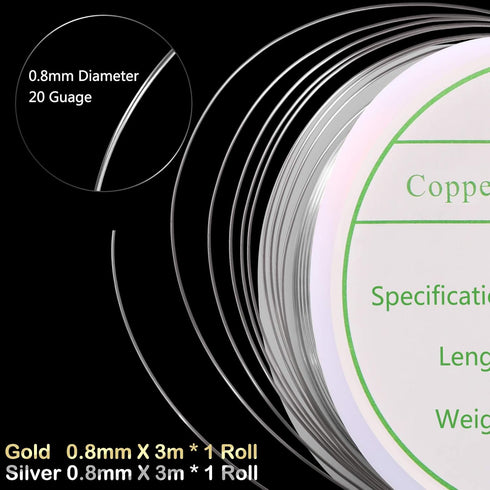 2 Pack Jewelry Craft Wire - 20 Gauge Tarnish Resistant Copper Beading Wire for Jewelry Making, 0.8mm X 3m Each (Gold, Silver)...