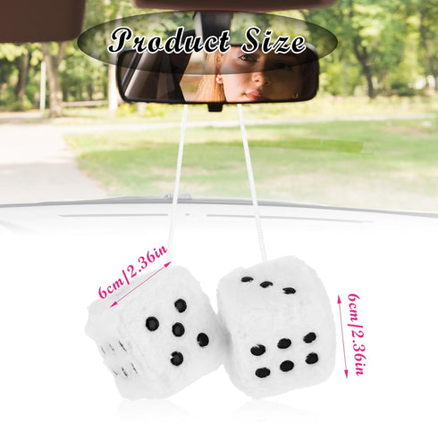 Fuzzy Plush Dice for Car Mirror 2.36” Pair of Retro Square Decoration Dice with White Dots Car Interior Hanging Ornament Decoration(White)...