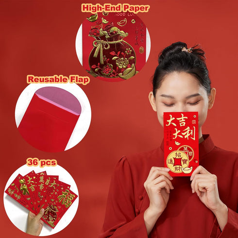 36 Pcs 6 Designs Chinese New Year Red Envelopes 2024, Heavy Duty Hong Bao Lucky Money Cash Envelopes Red Packets Lai See for Lunar Dragon New Year...