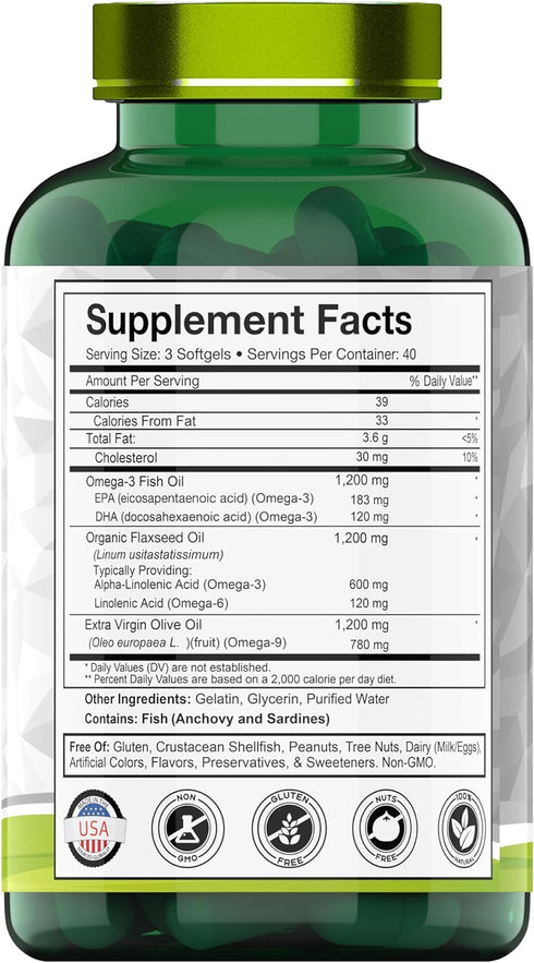 Triple Omega 3? 6? 9: 3600mg x 120 Softgels | Omega Essential Fatty Acids from Fish Oil (EPA & DHA), Flaxseed Oil (ALA & LA), & Olive Oil (OA) | O...