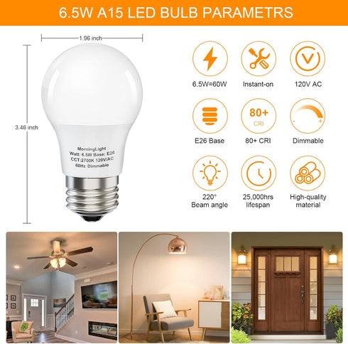 A15 LED Ceiling Fan Light Bulb, E26 LED Bulb 6.5W Equivalent 60 Watt, 2700K Warm White, Dimmable Light Bulbs, 6 Pack A15 LED Light Bulbs for Penda...