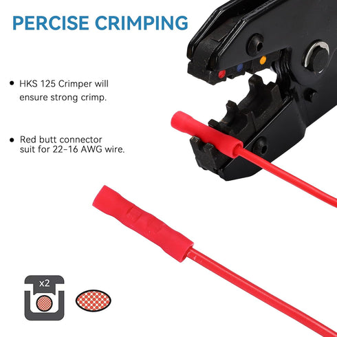 HKS 200 PCS Vinyl Insulated Butt Connector - Red 22-16 AWG - Electrical Connectors - Tinned Red Copper 0.7mm - Automotive Crimp Insulated...