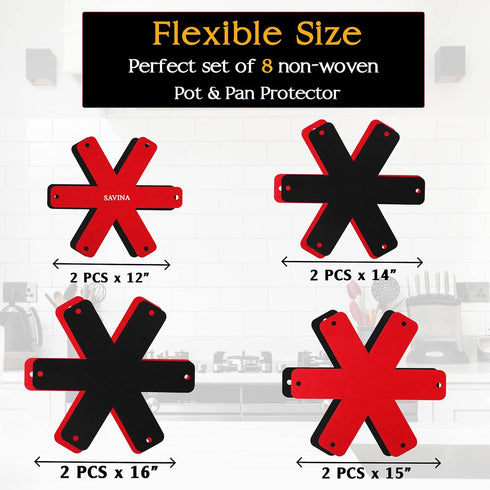 Savina Pot & Pan Protectors - BIG Different sizes (16" 15" 14" 12") - SET of 8 - Material Felt, Cookware Protectors, Keep Kitchenware of Scratches...