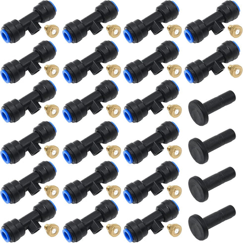 20 Pieces Brass Misting Nozzles 1/4 Inch Slip Lock Mister Nozzles Thread Misting Nozzle Tees with 20 Nozzles + 20 Seats + 4 Plugs for Outdoor Cool...