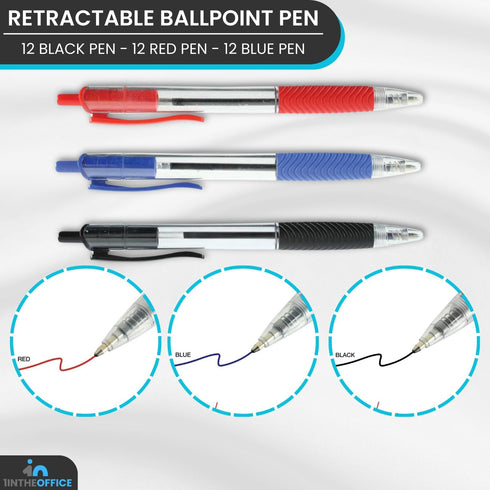 1InTheOffice Retractable Ballpoint Pen, Medium Point, 1.0mm, 12 Black, 12 Blue & 12 Red Pens, 36 Pack...
