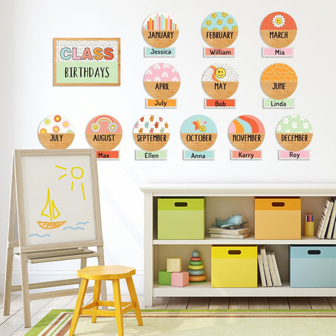 Back to School Birthday Bulletin Board Set Groovy Class Birthday Bulletin Board Stickers Retro Boho Hippie Month Header Decals for School Classroo...