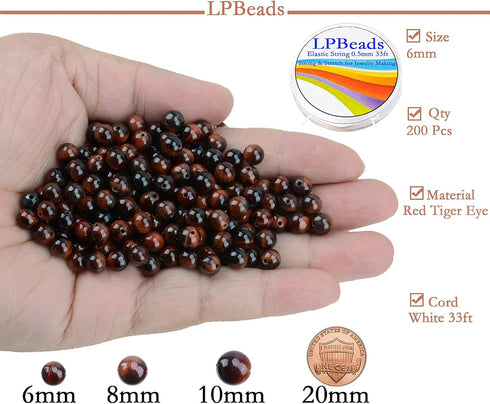 LPBeads 200Pcs Polished 6mm Round Natural Brown Red Tiger Eye Gemstone Loose Beads with Stretch Cord for Jewelry Making Bracelets...