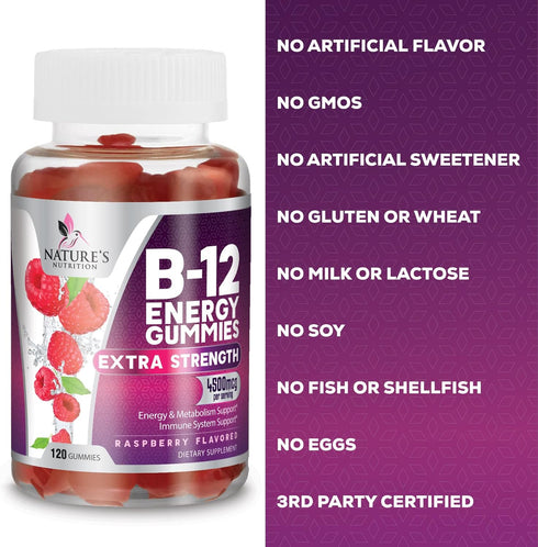 Vitamin B12 Energy Gummies - Extra Strength 4500 mcg Energy Chews for Metabolism & Nervous System Health Support, B-12 Gummy Chewable Supplement f...