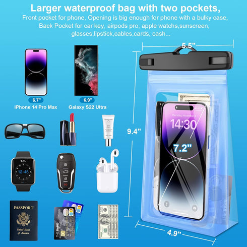 2Pcs Floating Waterproof Phone Pouch Large, IPX8 Waterproof Phone Bag Case for iPhone 15 14 Plus 13 Pro Max 12 11 8 Plus Samsung Up to 7.2'', Wate...