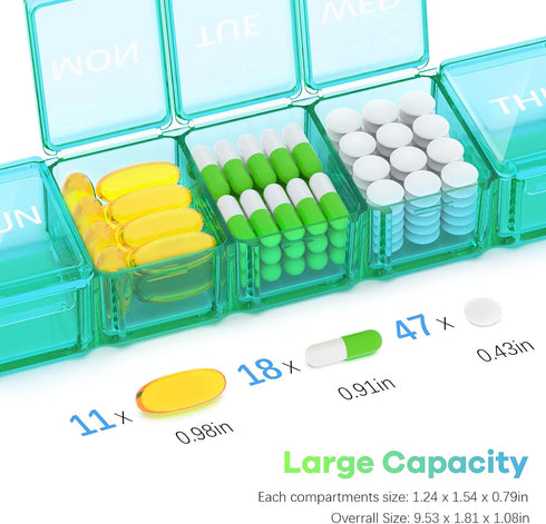 Extra Large Pill Organizer 2 Pack, XL Pill Box 7 Day, Weekly Pill Case with Large Capacity, Jumbo Organizer, BPA Free (Blue+Green)...