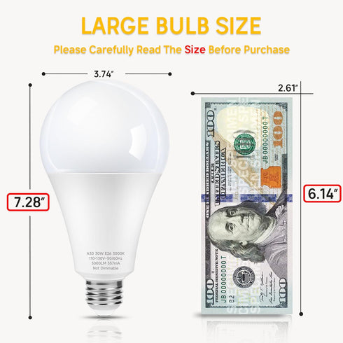 250-300W Equivalent LED Light Bulbs, 3000 Lumens Warm White 3000K 30W A30 LED Bulbs for Garage, Warehouse, Workshop, Commercial, Hotel, Backyard, ...
