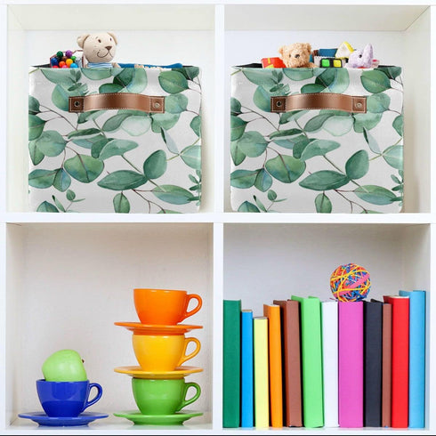 xigua Green Leaves Storage Basket Collapsible Toy Storage Bins Waterproof Canvas Storage Basket with Leather Handles for Home Closets Offices,Bedr...