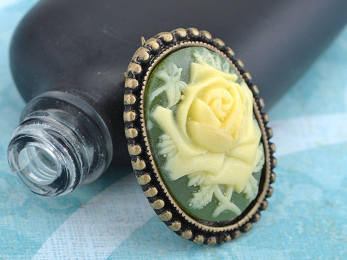 Alilang Antique Golden Tone Vintage Green Cameo White Floral Rose Brooch Pin...