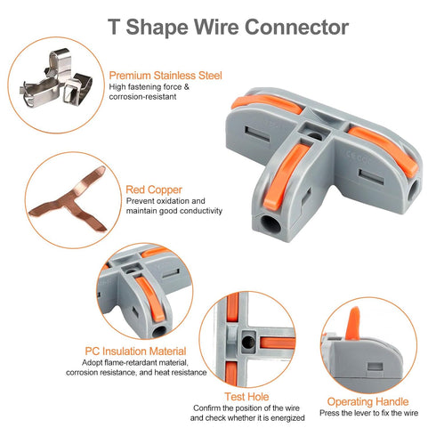 SUNJOYCO 30PCS Compact Wire Conductor Connector, T-Shape Lever Nut Wire Connector & 1 in 2 Out Splicing Connector Splitter, AWG 28-12...